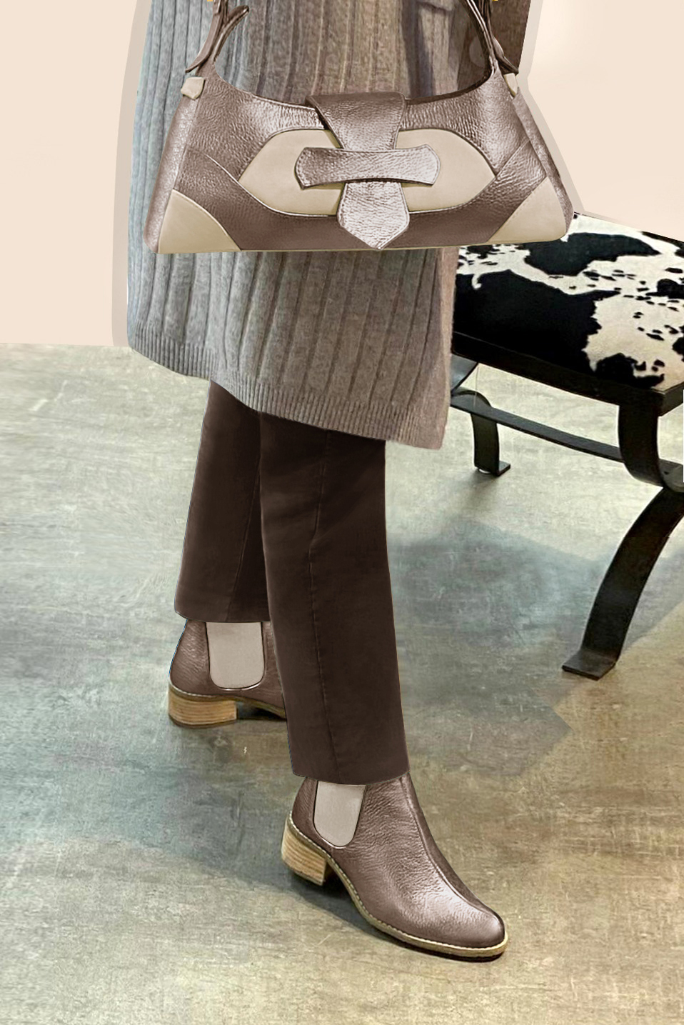 Bronze gold and champagne white women's dress handbag, matching pumps and belts. Worn view - Florence KOOIJMAN